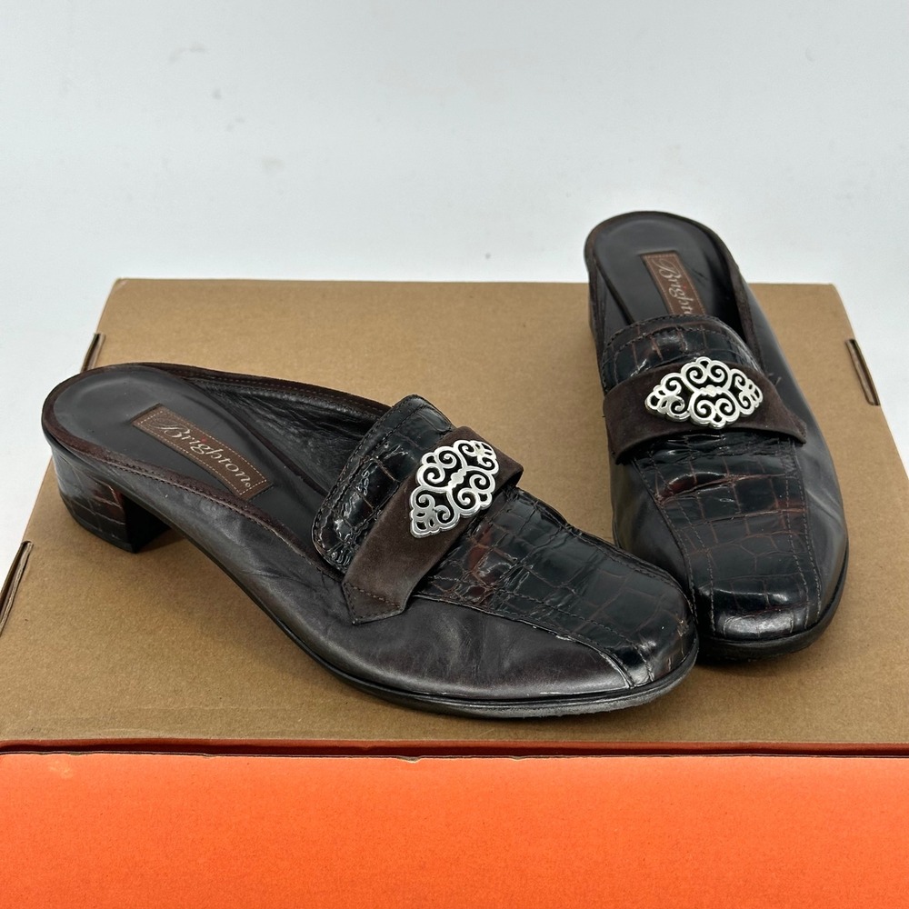 90s Brighton Avery Brown Croc Leather Slip On Mule Heel Loafer Silver Detail 8 M